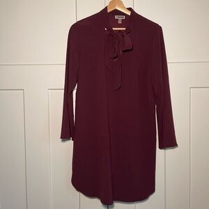 Dark wine red long sleeve dress with neck tie